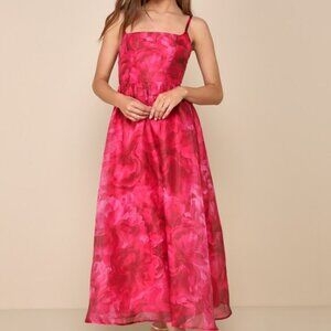 Lulus Darling Icon Dark Pink Floral Organza Lace-up Midi Dress - Size L